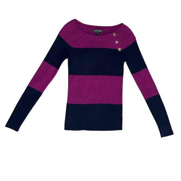Ralph Lauren Women’s Striped Knit Sweater Magenta Navy Button Shoulder Sz Small - Picture 1 of 11